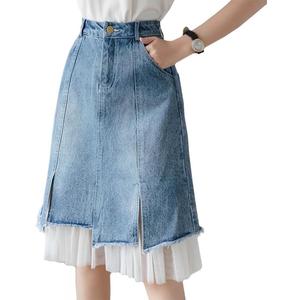 kakarin choyx Women's High Waist Vintage Denim Skirt A-Line Lace Double Layer Splicing Y2K Casual Fashion Jean Midi Skirt, Size: L, Blue