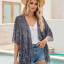 Women's Floral Print Puff Sleeve Kimono Cardigan Loose Cover Up Casual Blouse Tops (Black, M)