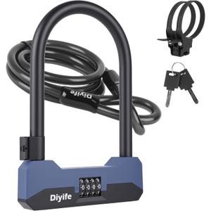 Diyife Bike U Lock Heavy Duty Anti Theft with 5FT Steel Cable, 18mm Shackle, 4-Digit Combination High Security Bike Lock with 2 Keys and Mounting Bracket for Electric Scooter, Ebike, Road, Motorcycle