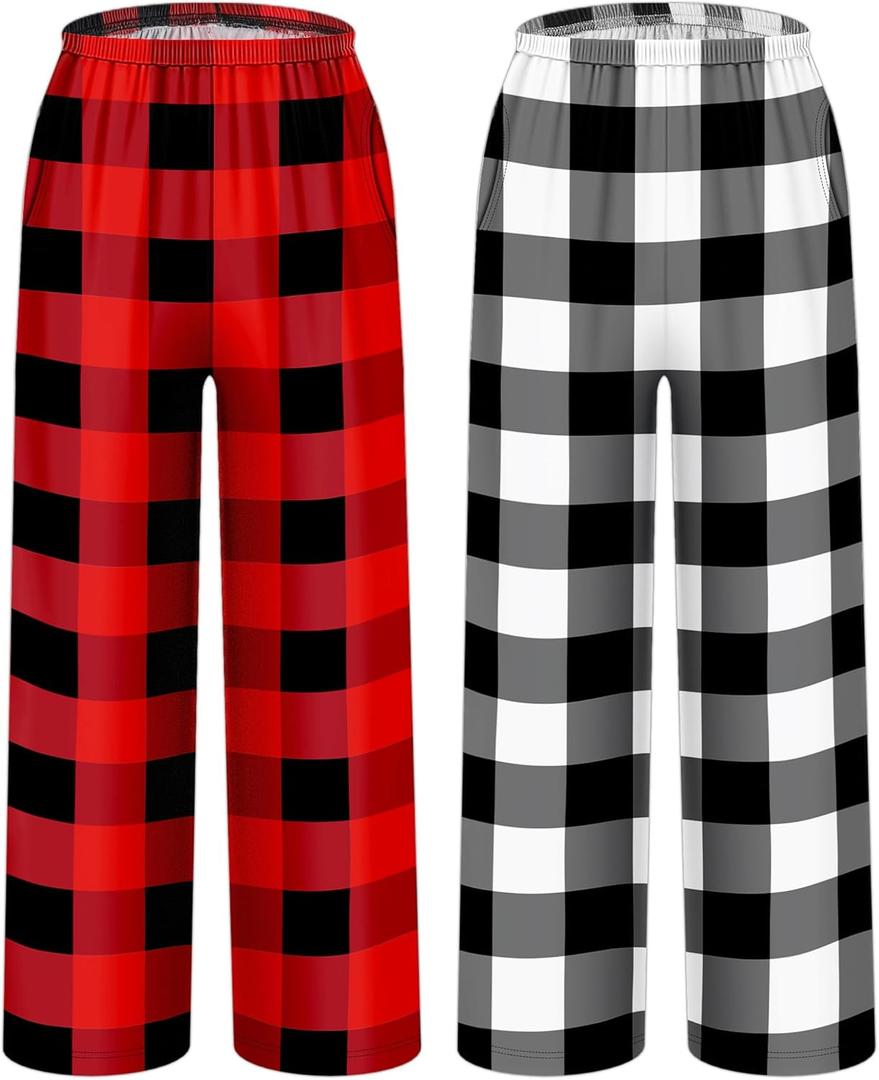 HONGTEYA Girls Christmas Pants with Pockets Soft Long Loose Kids Plaid Bottom Indoor Outdoor Xmas Holiday 8-14 Years (US, Age, 13 Years, 14 Years, White+Red)