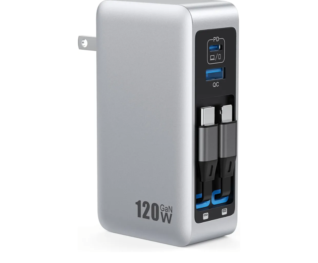 120W USB C Charger Block with 2 Built-in Retractable Cables,4-in-1 GaN IV Foldable Plug Wall Charger Fast Charging Station,PD 65W Laptop Adapter for MacBook/iPad,iPhone 17/16/15/14,Galaxy,Android etc