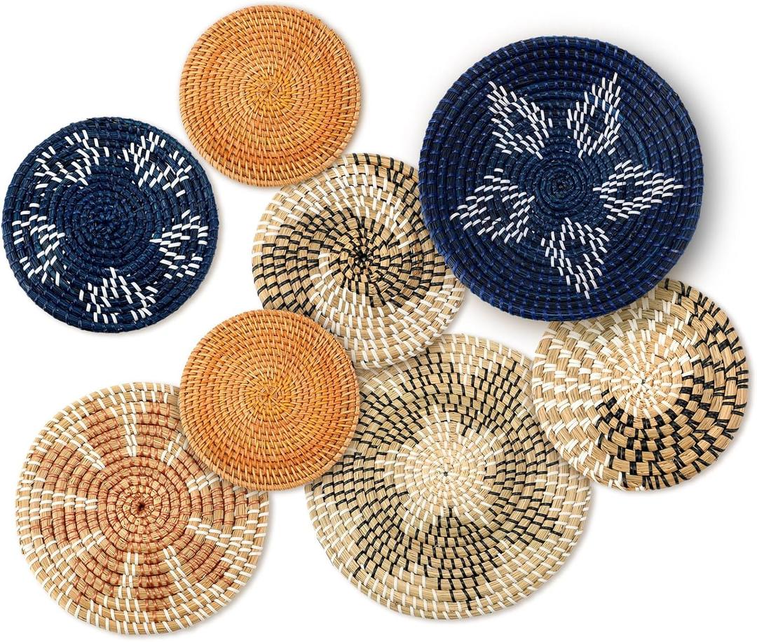 Xuhal Set of 8 Hanging Woven Wall Basket Handmade Decorative Rustic Boho Basket Decor Handcrafted Wicker Round Seagrass Wall Art for Home Kitchen Farmhouse Table Living Room