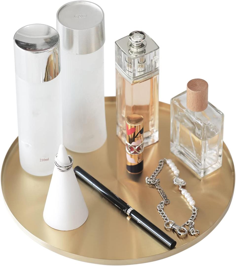 FREELOVE Gold Tray, Round Brass Serving Platter, Bar Circle Decorative Plate, Coffee Table Metal Decor Dishes, Brushed Hammered Coasters, Counter Bathroom Kitchen Dessert Cart Display Food, 11 inch