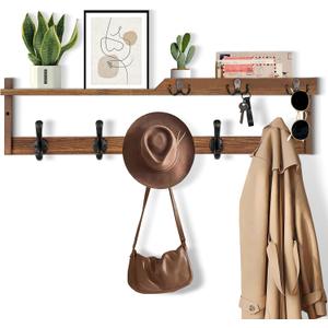 29'' Coat Rack Wall Mount with Shelf, Coat Hanger Wall Mount with Key Hooks and Mail Holder, Wood Entryway Floating Shelf with Hooks and Storage, Hat Rack for Wall Key Holder Mail Organizer