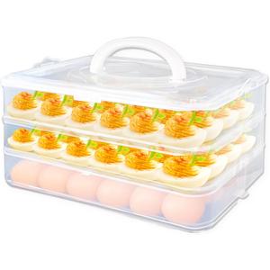 Jgalnim 3 Layer Deviled Egg Trays Containers with Lid,Plastic Refrigerator Egg Carrier with Handle for 72 holes,Clear Storage Platter for Portable Devil Egg,Easter Thanksgiving