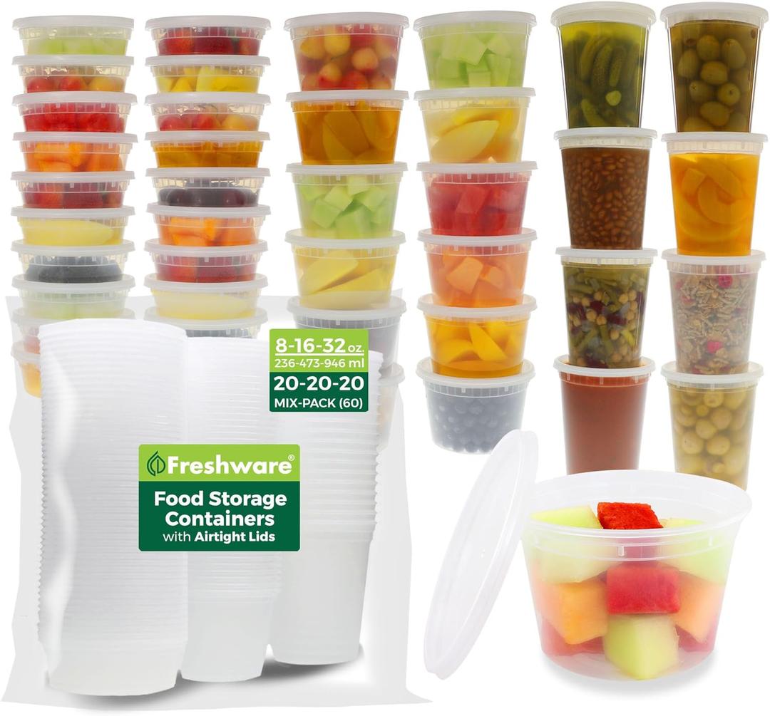 Freshware Food Storage Containers with Lids [60 Pack 8, 16, 32 oz, 20 sets each size] Plastic Deli Containers, Meal Prep Containers, Microwave and Freezer Safe, Stackable, Leakproof, BPA Free, Clear