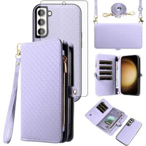 Asuwish Phone Case for Samsung Galaxy S23 Plus S23+ 5G Zipper Wallet Cell Cover with Tempered Glass Screen Protector Strap Flip Card Holder S23plus 23S + S 23 23+ SM-S916U 6.6 inch Women Girls Purple