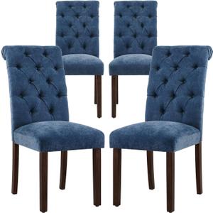 COLAMY Button Tufted Dining Chairs Set of 4, Parsons Upholstered Fabric Dining Room Chairs Kitchen Chairs with Wood Legs and Padded Seat, Blue