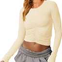 Vivitulip Womens Long Sleeve Shirts Basic Fall Ruched Slim Fitted Crop Tops Tight Athletic Blouse with Thumb Holes (Yellow, M)