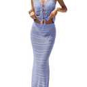 Fisoew Womens Summer Crochet Cover Up 2 Piece Skirt Sets Sleeveless Crop Cardigan Tank Tops Swim Beach Boho Coverup Set Purple Blue Large