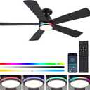 52In Black RGB Ceiling Fans with Lights - Flush Mount Low Profile Ceiling Fan Light with Remote/APP, RGB+3CCT 6 Wind Speeds and Reversible, Modern Fan Light Fixture for Party, Kid's Room