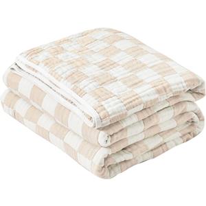 SANACYNA 100% Cotton Muslin Blanket 6-Layer Gauze Cream Grid Throw Blanket Lightweight Soft and Breathable Blanket for Sofa Couch Bed Coverlet Both Sides (Cream, Throw 50"x60")