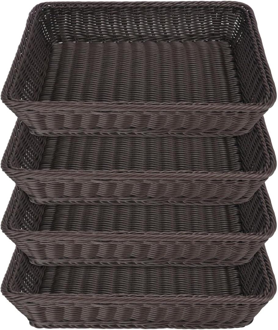 Poly Wicker Baskets 4 Pack 16 inch Coffee Large Wicker Baskets Storage Rustic, Durable & Easy-Cleaning Bread Baskets, for Home, Restaurant & Hotel Use