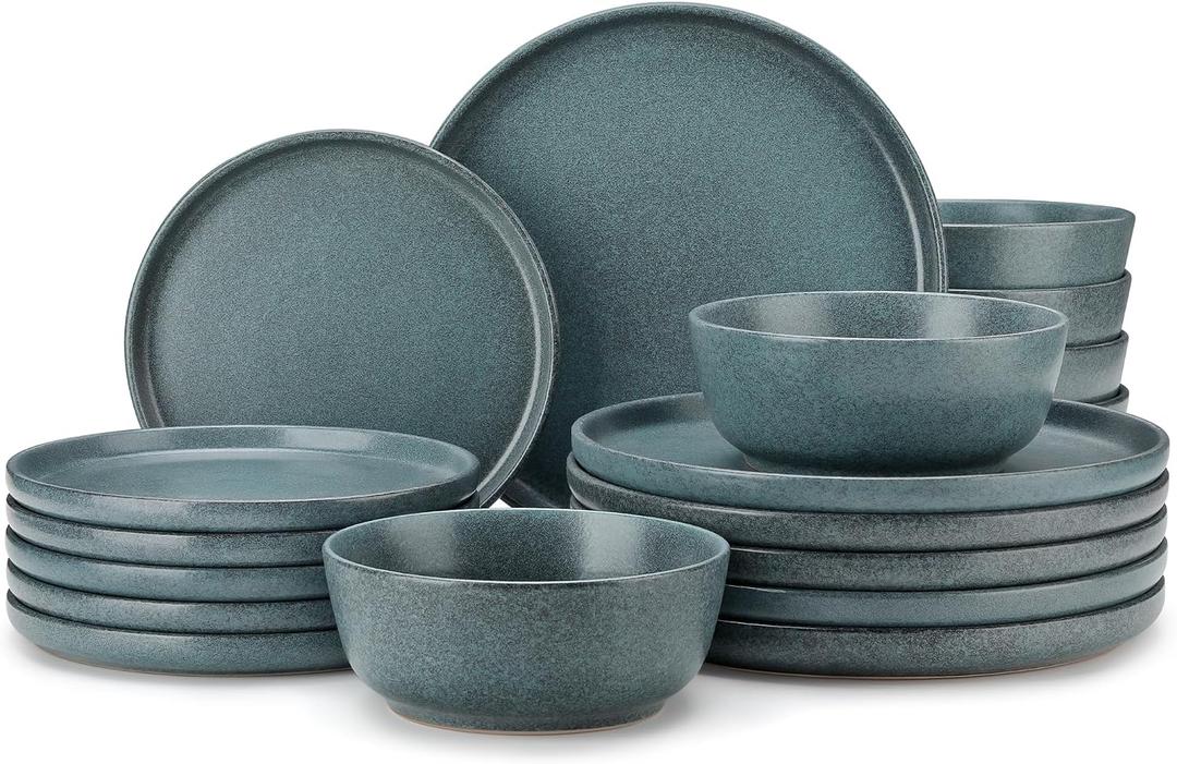 vancasso Plates and Bowls Sets, 18 Pieces Stoneware Dinnerware Set for 6, Ceramic Dish Set for Kitchen, Microwave and Dishwasher Safe, Smoky Teal, Series ZERMATT