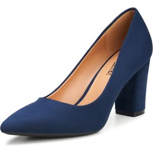 Heel The World Women's High Chunky Block Closed Toe Heels,Slip On Pointed Toe Work Dress Office Wedding Party Pumps Shoes, 8.5, Navy Blue