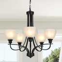 VINLUZ 5 Light Farmhouse Chandelier Classic Pendant Lighting Black Finish with White Frosted Glass Shades for Kitchen Dining Room Living Room