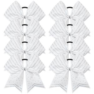 DEEKA 8PCS White Stripes Glitter Cheer Bows with Iridescent Rhinestones Large 8" Competition Cheer Hair Bows Elastic Band Ponytail Holder for Cheerleader Girls Softball Football Sports (White)