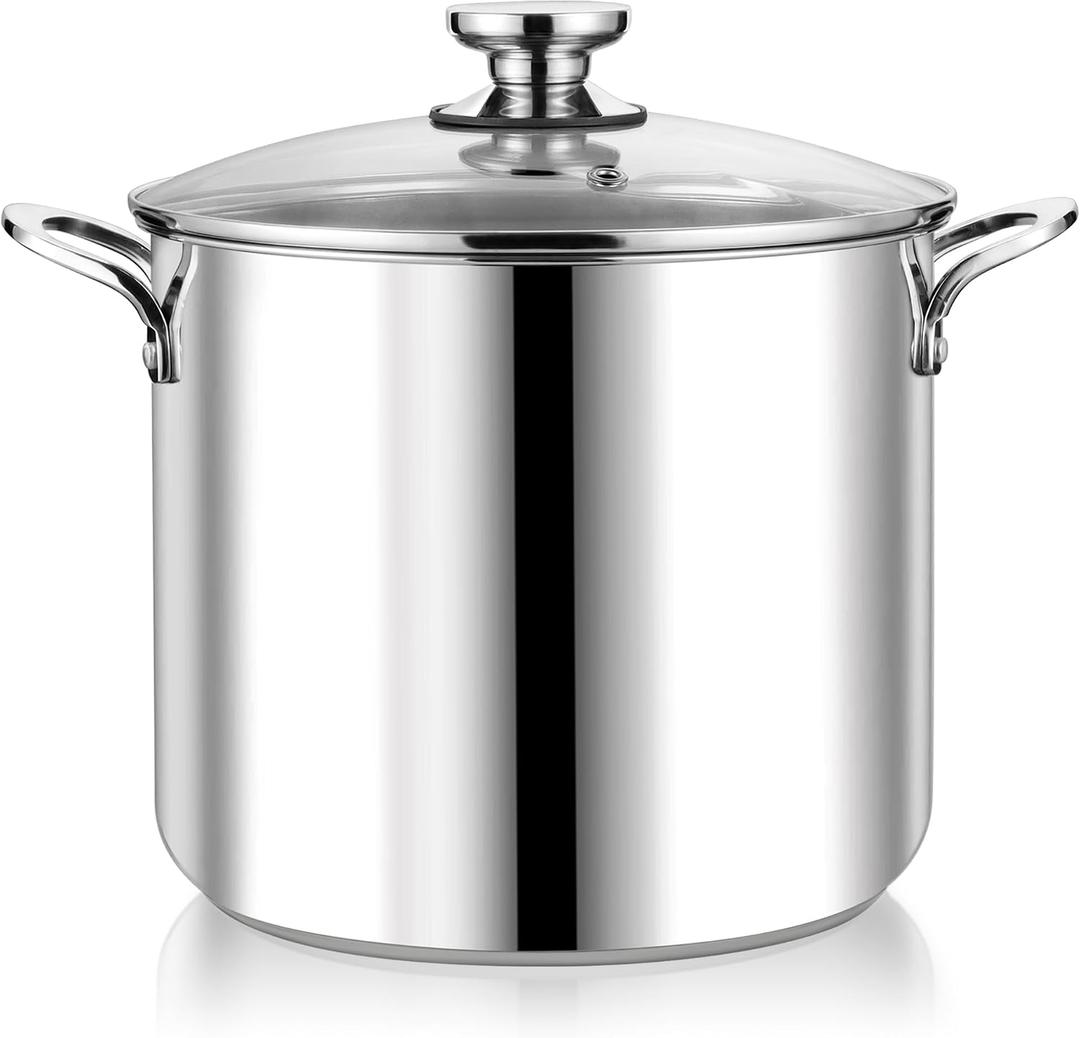 P&P CHEF 12 Quart Stainless Steel Stock Pot with Lid, Large Stockpot for Cooking Pasta Soup, Cookware for Induction Gas Electric Stoves, Visible Lid & Measuring Markings, Dishwasher Safe