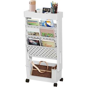 BYFU 5-Tier Movable Bookshelf Cart, Rolling File Paper Storage Organizer Mobile Bookcase with Wheels for Home Office Study Classroom, White
