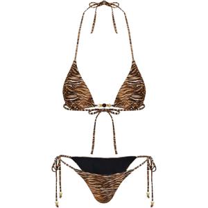 Women's 2 Pieces Zebra Striped Bikini Set Halter Triangle Swimsuit Y2K Tie Side Bathing Suit (Brown)