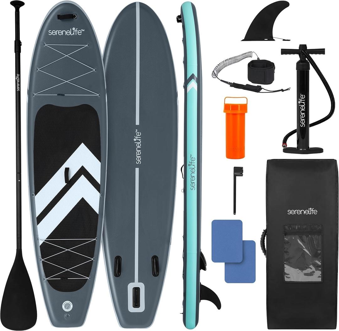 SereneLife Ultra-Light Inflatable Stand Up Paddle Board with Premium SUP Accessories - Extra Wide Stable Design with Non-Slip EVA Deck Pad for Youth and Adults of All Skill Levels - 350 lbs Capacity, Size: 10'6"