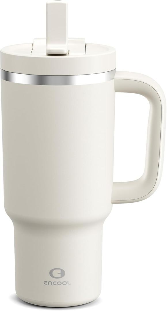 32 oz Tumbler with Handle and Straw: Stainless Steel Insulated Tumbler Keeps Cold for 24 Hours, Leakproof Travel Cup Fits in Cup Holder and BPA-Free, Cream Moon