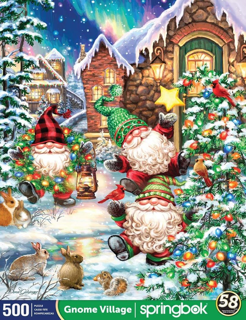 Springbok Gnome Village 500 Piece Holiday Jigsaw Puzzle- Made in The USA with Unique Precision fit Pieces for a Great Puzzling Experience (Multi)