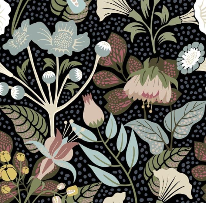 Abyssaly Floral Wallpaper Peel and Stick Wallpaper Boho, Vintage Black Dark Vintage Contact Paper for Bedroom Bathroom, Easy Peel Off Stick on Wallpaper Moody Wall Paper 17.5in X 118in