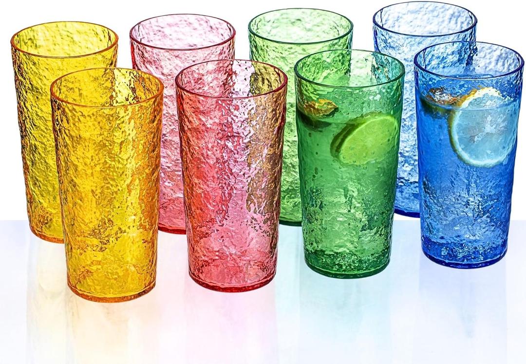 18oz Colorful Acrylic Glasses Drinkware (Set of 8), Ice-carved Design Stackable Shatter-Proof Plastic Cups, Reusable Plastic Drinking Tumblers, BPA-Free, Dishwasher-Safe (Multicolor)