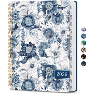 2026 Planner, Monthly and Weekly Calendar Planner for Women, Jan 2026 - Dec 2026, Hardcover Pretty 2026 Agenda Planner Book with Tabs, Spiral Bound, Perfect for School Office Home Supplies, 6.3" x 8.5" - Blue Floral