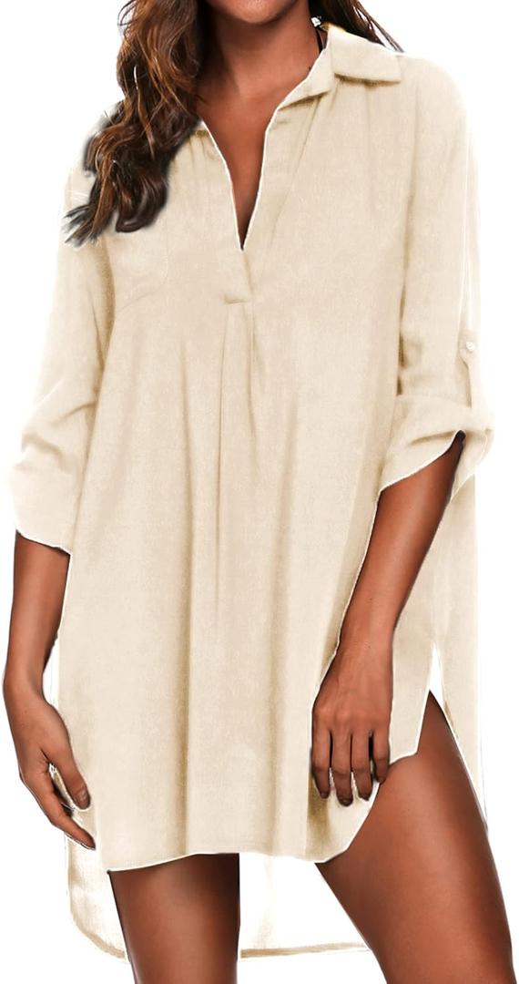 Ekouaer Beach Cover Ups for Women V Neck Bathing Suit Cover Up Bikini Swimsuit Coverup Beach Dress Shirt Beige