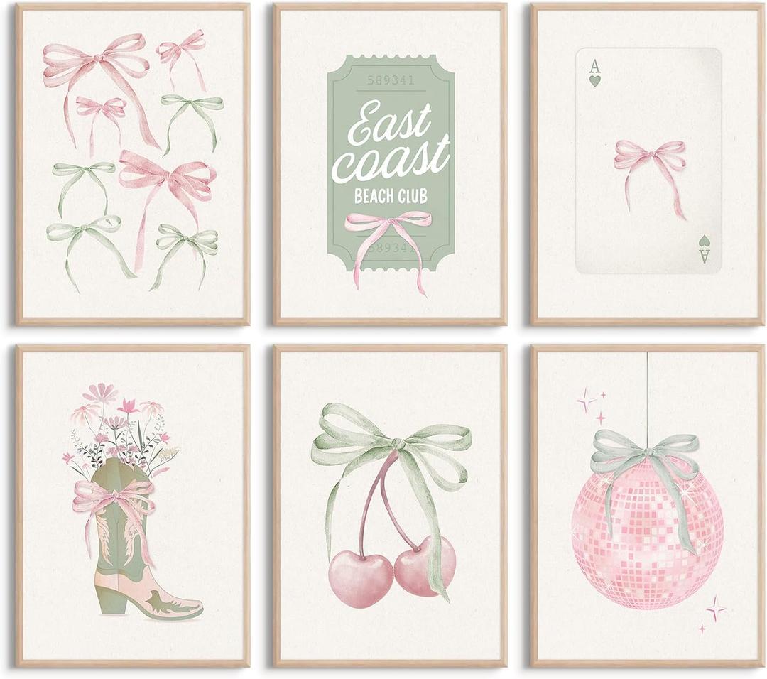 Pink Bow Wall Art Coquette Canvas Prints Girly Dorm Room Wall Decor Preppy Aesthetic Poster Sage Gree Boots Pictures Trendy Cute Painting Disco Cherry Artwork for Girls Bedroom 12x16x6 Inch Unframed