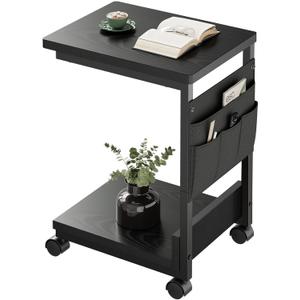 Side Table,C Table with 2-Tier Storage Shelf, End Table with a Storage Bag, Sofa Table with Wheels for Living Room, Bedroom, Office, Bathroom, Black