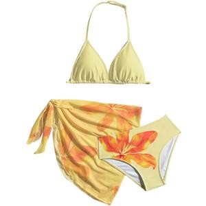 SEGT Girl's 3 Piece Striped Bikini Swimwear Cute Swimsuits Bathing Suit High Waisted with Cover Up Beach Skirt (Lily Floral)