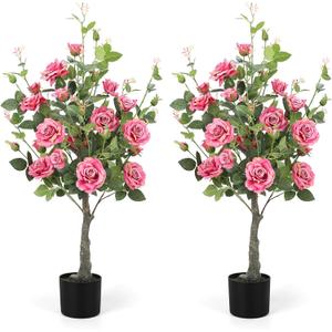 Romantic season 2Pack Artificial Rose Flower Trees, 42Inch Pink Faux Rose Tree with Green Leaves for Living Room Office Home Outdoor Indoor Decor (3FT)