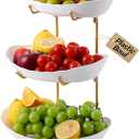 Fruit Bowl for Kitchen Counter - 3 Tier Fruit Basket with Metal Stand, Tiered Fruit Stand for Countertop, Snack, Nuts, Cake, Dessert, Small & Cute (Kid-Friendly Plastic, Gold)