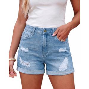 LookbookStore Women's High Waisted Rolled Hem Distressed Jeans Ripped Denim Shorts Size XL