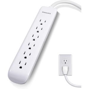 Philips 6 Outlet Power Strip Surge Protector, 4ft Power Cord, Flat Plug, Wall Mount, 720 Joules, ETL Listed, Circuit Breaker, Automatic Shutdown, White, SPP3064WE/37