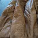 Brown faux leather bomber jacket with fleece lining, ribbed waistband and cuffs, zippered front pockets, S