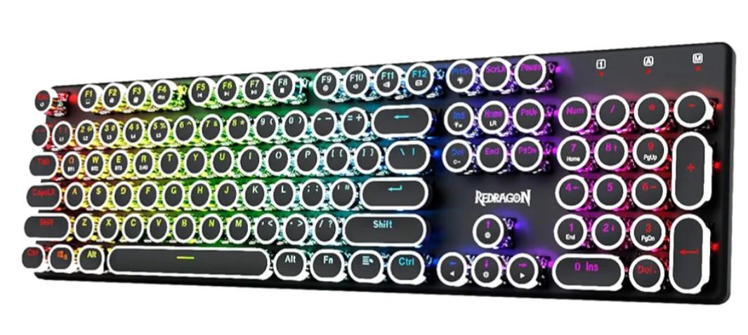Redragon Typewriter Keyboard Wireless, Mechanical Gaming Keyboard, Bluetooth/2.4Ghz/Wired, RGB LED Backlit, Rechargeable, Blue Switch - Clicky, Solid Metal Panel, Round Keycaps, Black