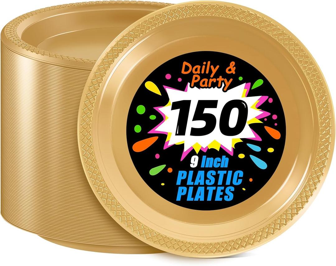 WELLIFE Gold Party Plates 9 Inch -150 Count, Disposable Plastic Dinner Plates for Party Dessert Cake Wedding Engagement Birthday