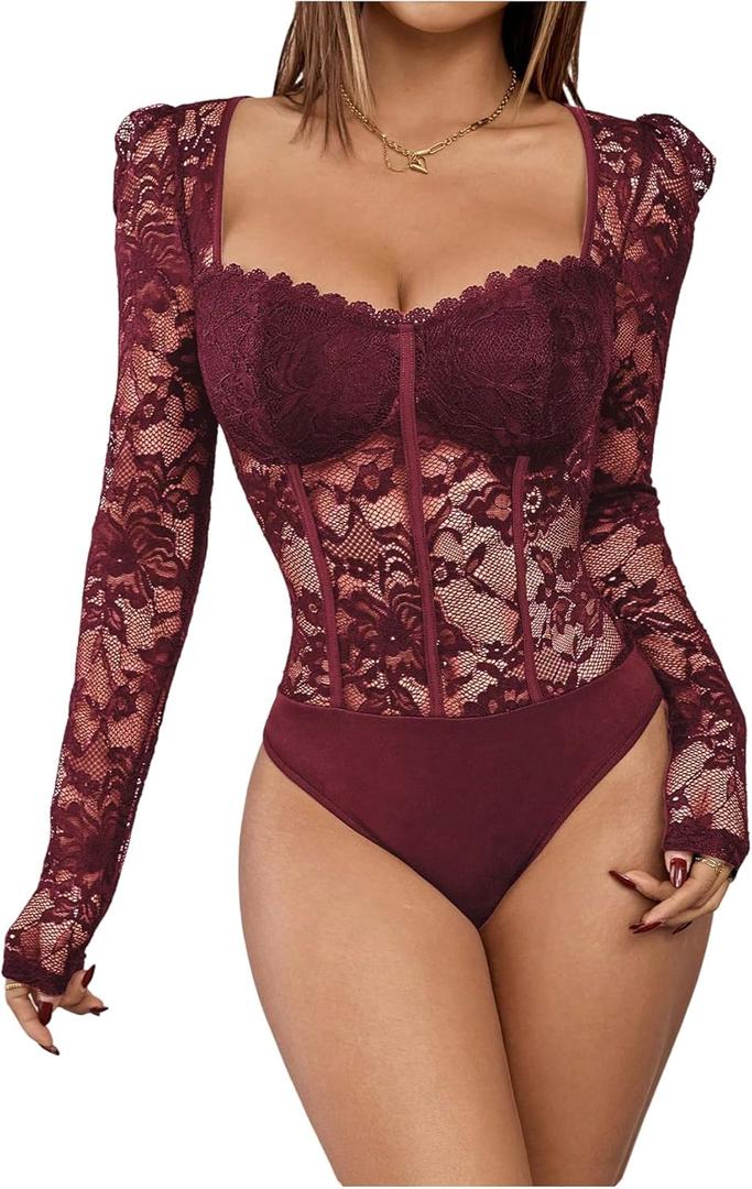 OYOANGLE Women's Floral Lace Sheer Long Sleeve V Neck Corset Mesh Bodysuit Sweetheart Neck Going Out Tops Party Club Leotard Medium, Burgundy Red
