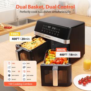 12QT Large Dual Air Fryer, 10-in-1 Double Zone Airfryer with 26QT Baskets, 60 Easy-Panel with Full Touchscreen, SyncCook Function, Viewing Window, Nonstick & Dishwasher Safe, 2 Dishes at Once, Black