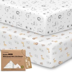 2 Pack and Play Sheets, Waterproof Mini Crib Sheets Fitted - 38x26 Organic Cotton Pack N Play Sheets for Graco Pack and Play Mattress, Playard Baby Crib Sheets,Neutral for Boy,Girl,Toddler(KeaSafari)