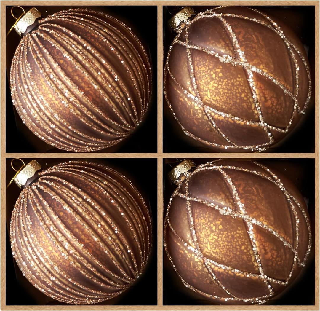 DN DECONATION 4PCS Christmas Ball Ornaments  4 Brown Glass Hanging Ball Ornaments Set for Christmas Tree with Shimmering Gold Lines, Winter Decor Holiday Decorations Xmas Gifts