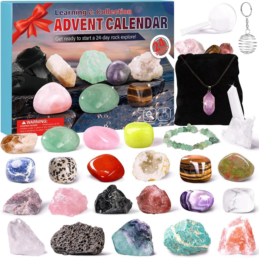 Crystal Advent Calendar 2024 Adult Kids-24 Days Rocks,Gemstones,Geode,DIY Bracelet,Crystal Necklace,Stone Learning Collection Advent Countdown Calendar,Christmas Gift for Girls Boys