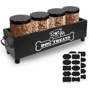 Large Dog Treats Container, Dog Cookie Jar for Dogs Cat Treats Container, Farmhouse Wood Pet Treats Storage Organizer for Dog Food Storage Container with 4 Jars, Cat Dog Treat Organizer