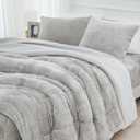 Faux Fur Comforter Set with Fitted Sheet - Luxury Ultra Soft Fluffy Fuzzy Queen Comforter Set, Cozy Warm Plush Bedding Comforter for Winter, 4 Pcs (1 Comforter +1 Fitted Sheet + 2 Pillowcases) (Light Grey)