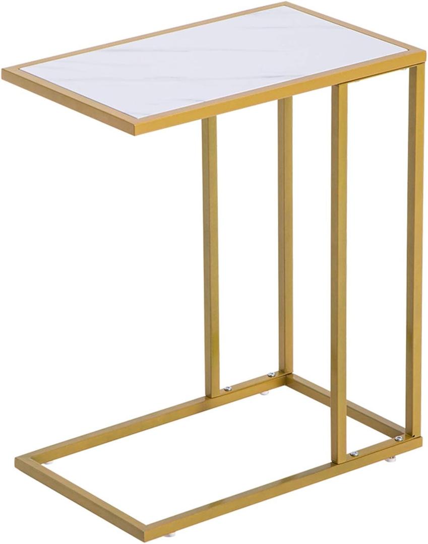 C-Shaped Sofa Side End Table, Metal Frame Industrial Side Table, Beside Bed Portable Workstation for Living Room, Bedroom (White)