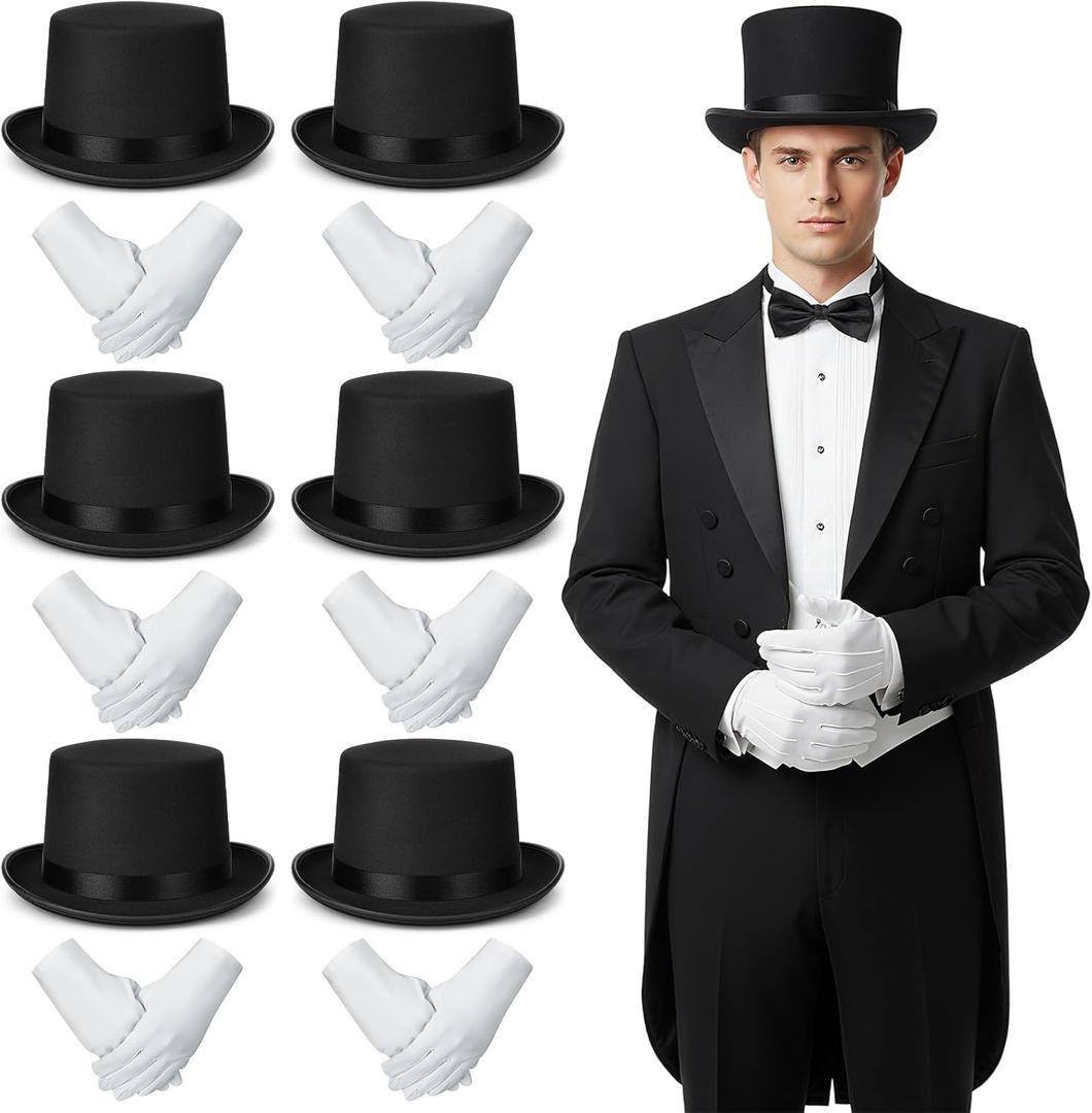 6 Sets Black Top Hat & White Formal Gloves Set for Christmas Snowman Costume Victorian Steampunk Costume Accessory for Jazz Dance Wedding 1920s Masquerade Parade Honor Guard Cosplay Party